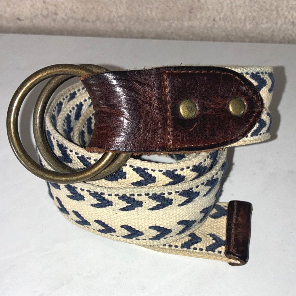 J.Crew Cream Navy D-Ring Belt - L/XL - Leather Trim Chevron Canvas Preppy Boho